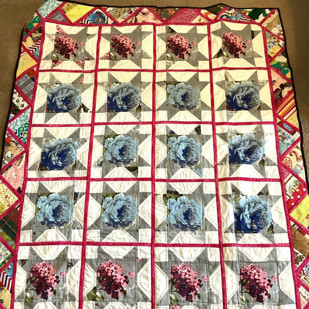 Handmade Quilt-As You-Go Blanket Throw Small Comforter Hydrangea Floral Bedding